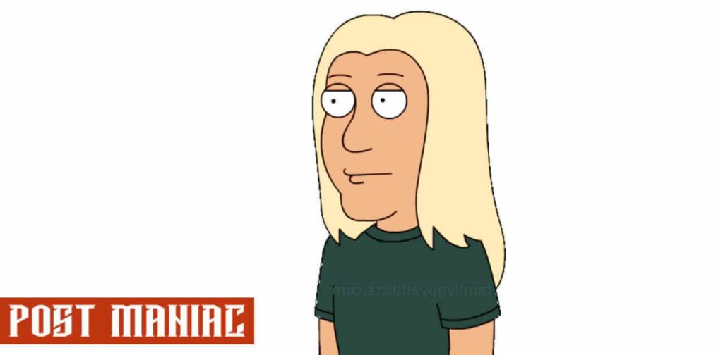 Tomik from family guy character with yellow hair and gree t shirt