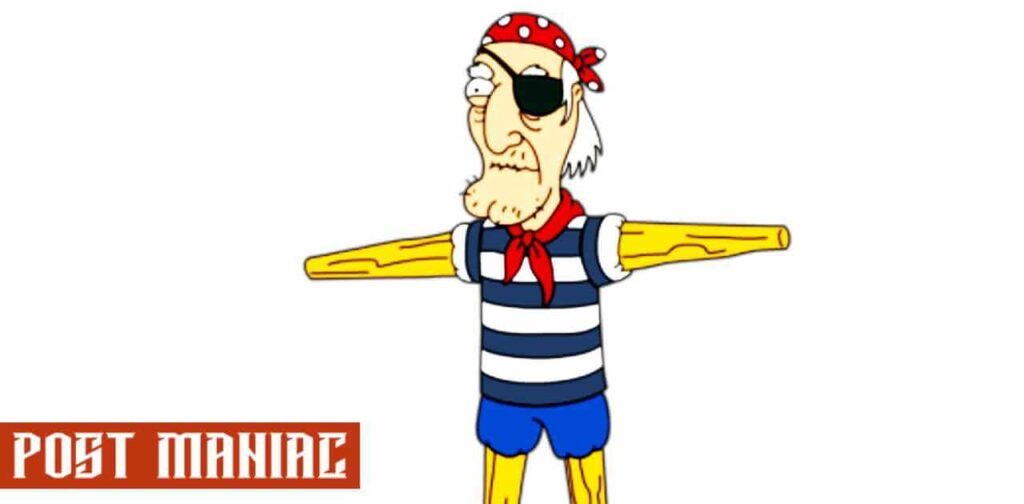 Seamus from family guy  with wooden arm and leg and pirate look